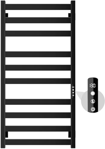 Colliford Towel Warmer,Stainless Steel Towel Warmer Rack for Bathroom -10 Bars Wall Mounted Towel Heater with Intelligent Touch Screen Timer, Hard Wired/Plug-in, Black