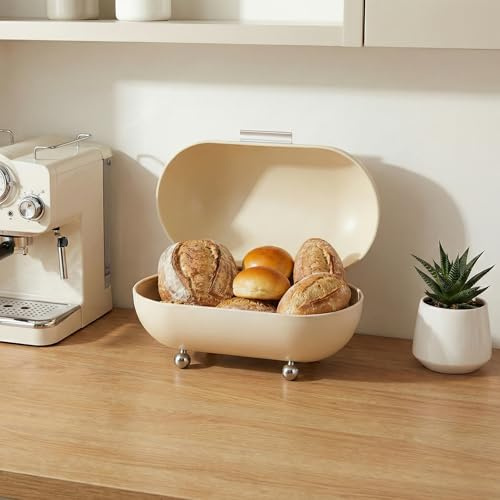 PRETYZOOM Bread Box for Kitchen Countertop, Vintage Bread Storage Container with Hinged Lid, Metal Breadbox Holder for Pastries/Loaves/Dry Food, Space-Saving