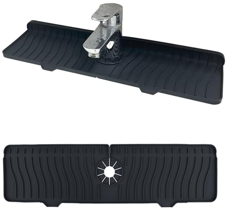 VireEyU Tappetino proteggi-schizzi per lavello da cucina, 46 cm, in silicone nero, con manico allungato per rubinetto, protezione per cucina, bagno e casa di campagna (2 pezzi)