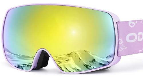 Odoland Skibrille Kinder, UV-Schutz Snowboardbrille OTG mit Anti-Nebel für Jungen Mädchen, Verspiegelt Schneebrille Helmkompatible für Skifahren Snowboard Skaten Violett Gold