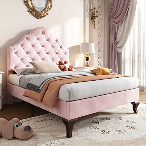 BTM Lit Enfant 90x200 avec Sommier à Lattes, Lit Capitonné avec Tête de Lit Réglable en Hauteur, pour Fille, Conception du Point de Traction du Bouton, en Velours, Rose (sans Matelas)