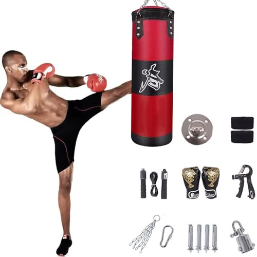 Sacco Da Boxe Da Muro,15PCS Set di sacchi da boxe da appendere,non riempiti,pesanti sacco boxe set da boxe con fasce Rotazione a 360°per Muay Thai (Rosso, 60cm)
