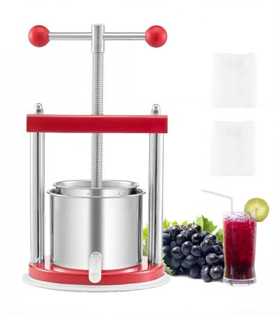 VEVOR Pressoir à Fruits Manuel Capacité 1,65 L, Presse à Vin avec 2 Barils en Acier Inoxydable, avec Poignée en T, Nettoyage Facile, Presse à Jus, Raisin, Cidre de Pomme pour la Cuisine et la Maison