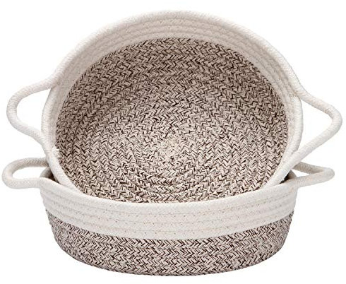 Sea Team 2er-Pack Baumwollseilkörbe, 25,4 x 7,6 cm, kleiner gewebter Aufbewahrungskorb, Stofftablett, Schüssel, runde offene Schale für Obst, Schmuck, Schlüssel, Nähsets (meliertes Braun und Weiß)