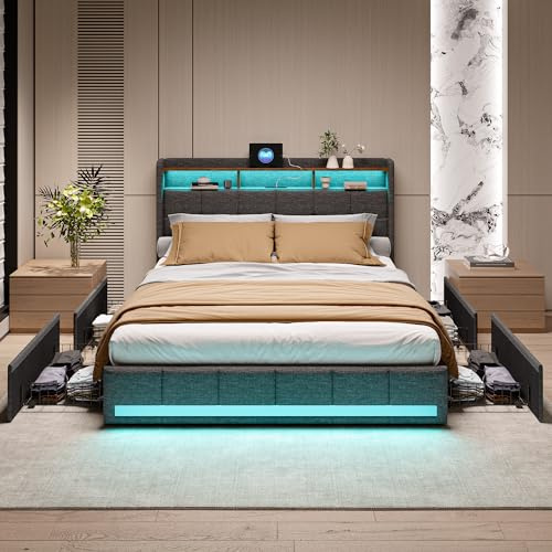 WOBOPCG Cama Tapizada 140x200,Cama Doble con 4 Cajones Camas Doble Tapizada con Somier Cama Acolchada con USB y Luz LED
