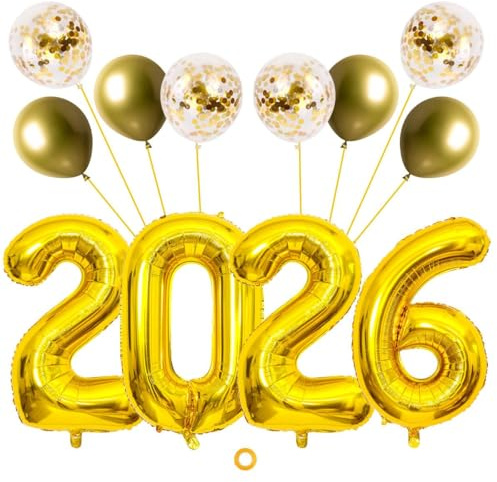 Jxuzh Kit de ballons de réveillon 2026 Or, ensemble de ballons gonflables réveillon 2026 Or - XXL ballon feuille chiffres 2026 (80 cm) + ballons en latex et paillettes - Décoration pour fête du Nouvel