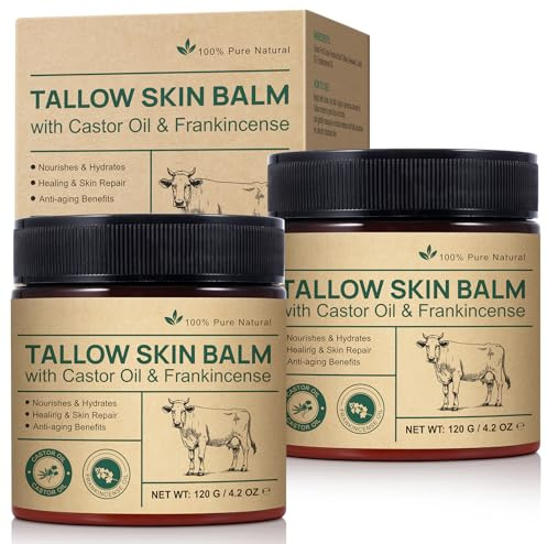 Balsamo di Sego di Bue (Tallow Balm) e Olio di Ricino - Crema Viso e Corpo 100% Naturale - Idratante Nutriente con Incenso e Cera d'Api - Cura della Pelle Secca e Sensibile - Anti-Età e Lenitivo