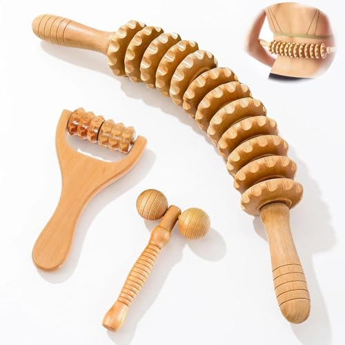 Zynaxir 3 st massagerullar i trä träterapi massagepinne lymfatiskt dräneringsverktyg Maderoterapia kit för avslappning fot ben armar rygg nacke axlar muskelsmärta lindring celluliter reducering (A)