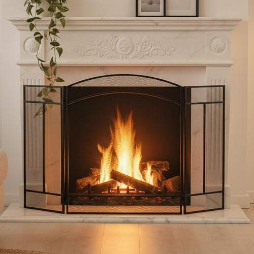 DUMOS 48.2 Fireplace Screen 3-Panel Spark Guard, Foldable Wrought Iron Fireplace Cover, 28.7 Height Safety Gate for Living Room Home Decor, Black