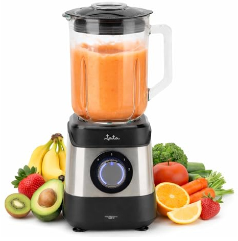 JATA JEBT3855 Mixeur en verre avec bol en verre 1,8 l, moteur AC haute performance 17 000 tr/min, broyeur à glace, 2 vitesses + impulsion, lames en acier inoxydable, système de sécurité