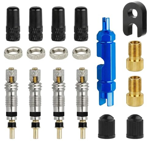 Set de 18 Piezas Núcleos de Válvula Tubeless: 4 Insertos de Latón, 2 Adaptadores Presta a Schrader, Tapas, Tuercas de Fijación y Herramienta de Extracción para Bicicleta y E-Scooter