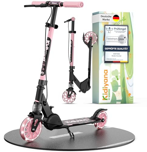 Kidiyana Barnsparkcykel från 5 År upp till 50 kg, Sparkcykel för Pojkar och Flickor med 120 mm PU Hjul med Ljus, ABEC-5 Kullager, Handbroms, Stötdämpning, Hopfällbar