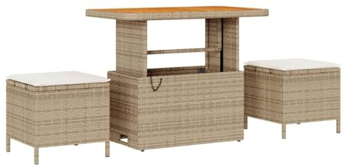 PUGYNBK Gruppo da pranzo in rattan beige con piano in legno di acacia, 4 sedie imbottite e funzioni regolabili, mobili da giardino robusti per terrazza e giardino