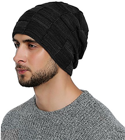 DonDon Bonnet Homme Hiver Slouch Beanie Bonnet Laine avec Doublure Chaude en Polaire Extra-Douce - Noir Gris