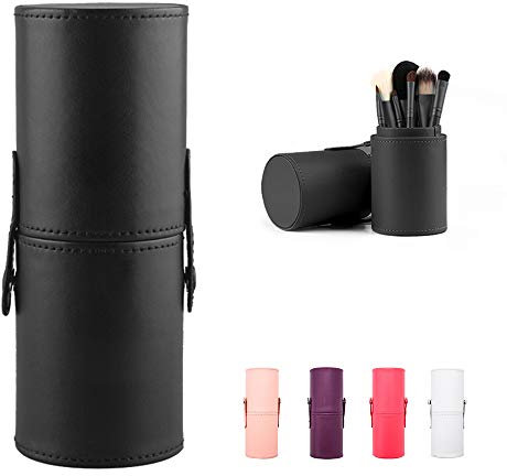 Large Makeup Brush Holder Leather Travel Portable Brushes Storage Case (Black)