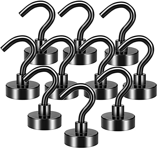 Grtard 10 Pack Black Magnetic Hooks, 22 lb+ Strong Neodymium Magnet Hook, Magnet with Hooks for Cruise, Bathroom, Kitchen, Workplace, Office, Garage, BBQ Grill