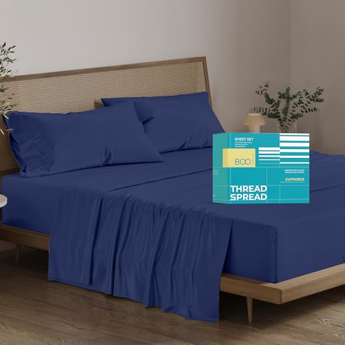 THREAD SPREAD 100% Pure Egyptian Cotton King Size Sheet Set - 800 High Thread Count, 4 PC Luxury Hotel Sheets, 16 Deep Pocket Sateen Weave Soft Cooling Bed Sheet Set - Navy Blue