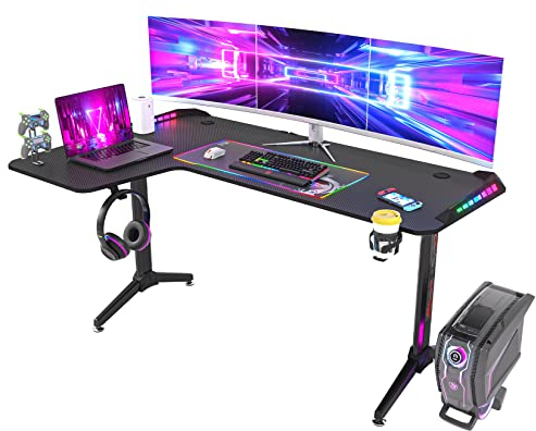 FATIVO Mesa Gaming LED, 160cm Mesa Gamer Grande Escritorio Gaming PC Ergonómico de Fibra de Carbono con Sistema de Gestión de Cables (Izquierdo)