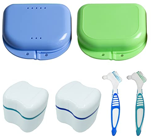 XTUDOU Prothesendose Set, (2 Gebissdose Zahnprothesendose, 2 Zahnprothesen Behälter, 2 Prothesenreinigungsbürsten mit Doppelköpfen) für Falsche Zähne Und Zahnspangen Lagerung Reinigung