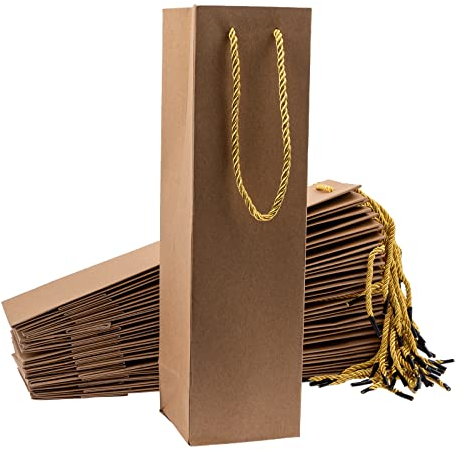 50 Stück Geschenktasche aus Kraftpapier, Braun Wein Flaschentasche mit Griff Weintasche Premium Geschenktüten für Hochzeit, Geburtstag Party (9.5 x 9 x 35 cm)