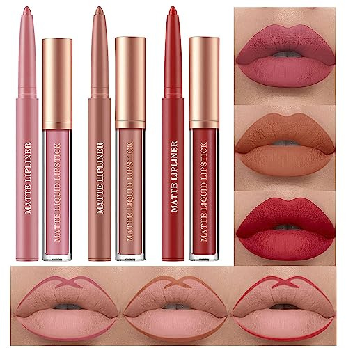 Juego de lápiz labial y delineador de labios mate de 6 piezas, lápiz labial líquido resistente al agua, juego de regalo de maquillaje con brillo de labios y delineador de labios (# F, 1)