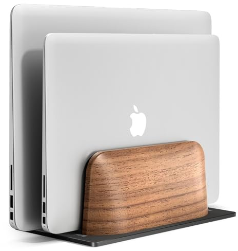 UPERGO Vertical Laptop Stand, Dual Slot Wooden Laptop Holder Vertical for Desk, Width Adjustable Dock for MacBook Pro and Other Laptops