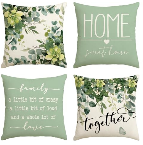 Artoid Mode Eucalyptus Leaves Summer Cushion Covers Set of 4, 45x45 cm Spring Home Sweet Home Decorative Pillow Case Cover Sofa Living Room Decor