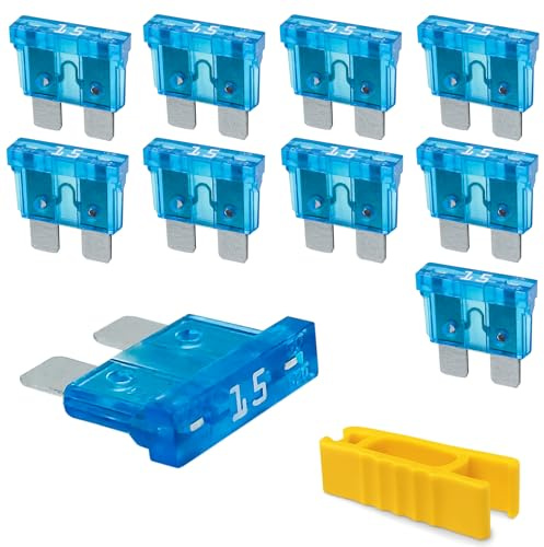 15A KFZ Sicherungen 12V 24V 32V | 10 Stück + Sicherungszieher | Stecksicherungen für Stromdieb & Sicherungshalter | 19mm Flachsicherungen - Auto, Boot, Motorrad, Wohnmobil & Roller | Ersatzsicherungen
