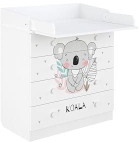 Shefa Kids 800 Changing Unit White Koala Design - Spacious Chest of Drawers with 4 Drawers and Changing Unit