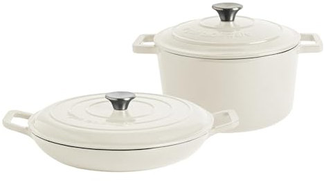 Argon Tableware 2.3L & 4.5L Shallow Cast Iron Casserole Dish Set with Self-Basting Lids - Pebble Gloss - Induction Hob Cooking Dutch Oven Bread Baking Serving Roasting Stew Stock Pot Cookware Pan