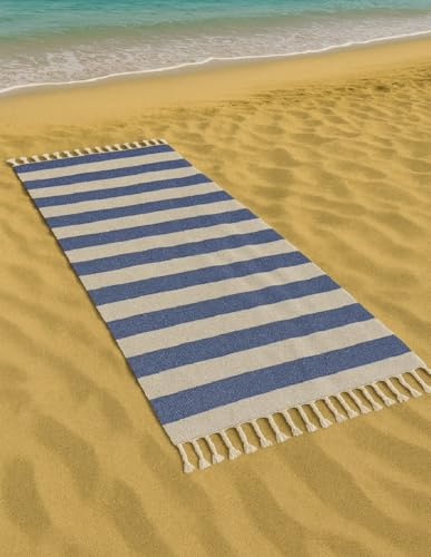 Vico Casa® Toalla de Playa VERSILIA Grande 90x200cm, Fouta de Playa de algodón con diseño de Rayas, por Playa, Piscina, Sauna/Azul y Blanco