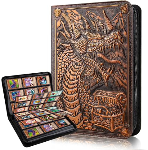 9 Pocket Card Binder, Premium Zip Trading Card Binder, 360 Double Sided Pocket PU Collection Binder, Dragon Design Collector Album, Card Folder for MTG, TCG, Sports Cards (red copper)