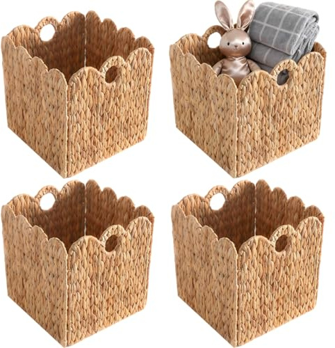 Scalloped Wicker Storage Cubes Basket, 12”x12“ Heavy Duty Paper rope/Hyacinth/Seagrass Baskets for Shelves, Foldable Natural Boho Square Bins (Water Hyacinth&12 x 12 x 12in&4-Pack)