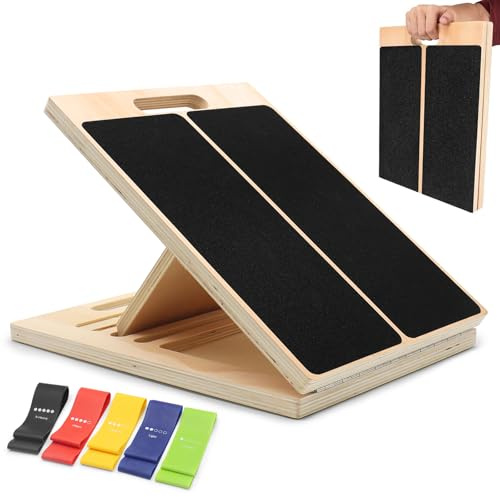 Vyranut Wooden Slant Board, Adjustable Incline Calf Stretch Board for Leg and Achilles Stretching – Foldable Non-Slip Board with Handle and 5 Resistance Bands for Home Gym or Office