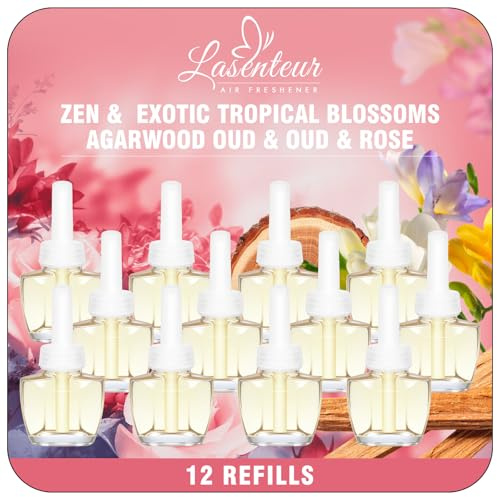 LASENTEUR Recarga de 12 x 19 ml, compatible con Air Wick y Glade, ambientador para el enchufe, frasco de aceite aromático con Zen Balance, flores exóticas, madera de oud, rosa