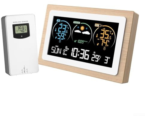 Estación meteorológica inalámbrica con marco de madera, monitor de temperatura interior y exterior, reloj despertador digital con sensor al aire libre, pronóstico meteorológico preciso, decoración de