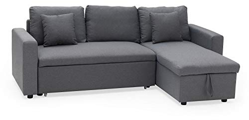 Happy Garden Canapé d'angle Convertible Clark 3 Places en Tissu Gris. Canapé avec méridienne réversible et Coffre de Rangement.