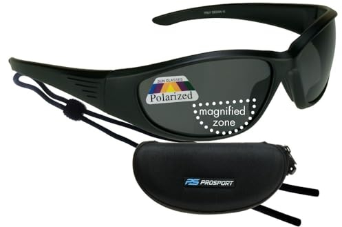 proSPORT Polarisierte bifokale Sonnenbrille für Herren und Damen, zum Angeln, blendfrei, Mattschwarze Rauchgläser mit Reißverschluss-Etui und Halterung, X-Large