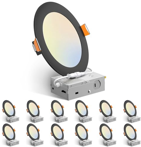 Amico 12 Pack 6 Inch 5CCT Ultra-Thin LED Recessed Ceiling Light with J-Box, 2700K/3000K/3500K/4000K/5000K Selectable, 12W Eqv 110W, Dimmable Canless Downlight, 1050LM High Brightness, Black - ETL