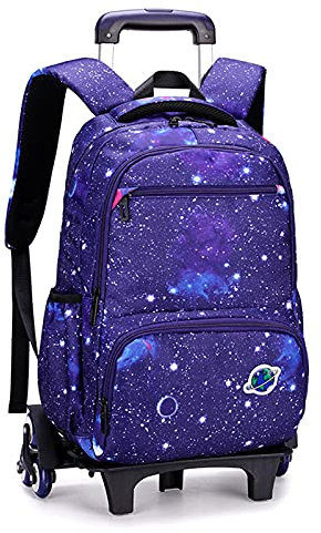 Trolley Rucksack, Kinder Trolley Schultasche mit Rollen Rucksack, Sternenklarer Himmel Schulrucksack Schultrolley Rucksäcke Schulranzen für Mädchen Junge (30 * 14 * 45cm,Dunkelblau)