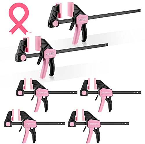 WORKPRO Bar Clamps for Woodworking, 6-Pack One-Handed Clamp/Spreader, 4PC 6 and 2PC 12 Wood Clamp Set, Light-Duty Quick-Change F Clamps with 150 lbs Load Limit, Pink Ribbon
