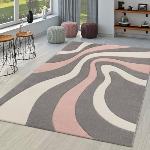 TT Home Wohnzimmer Teppich Moderner Kurzflor 3D Optik Geometrisches Wellen Design, Farbe:Grau-Rose, Größe:240x330 cm