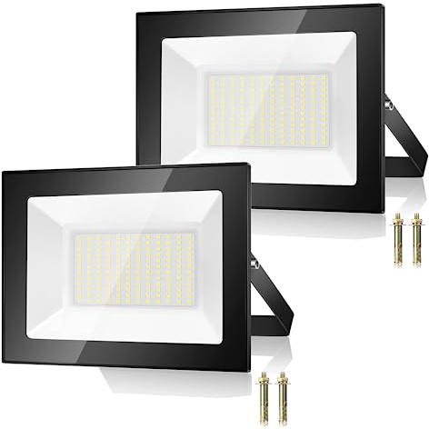 100W Projecteur LED Exterieur 2 Pièce, 10000LM 7000K Spot Extérieur, 144 Puces IP67 Imperméable Blanc Froid Eclairage de Sécurité LED, Luminaire Exterieur Pour Patio, Garage, Jardin, Terrasse