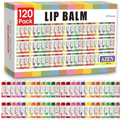 AZEN 120 Pack Lip Balm, Natural Lip Balm Bulk, Lip Care Product, Moisturizing Lip Balms for dry cracked lips, Valentines Gifts Easter Basket Stuffers - 12 Flavors