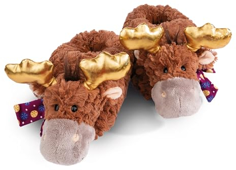 NICI Nici Slippers moose Thure size 38-41 (L) brown - Sustainable warm cuddly toy slippers for boys and girls - animal shoes with non-slip soles - slippers