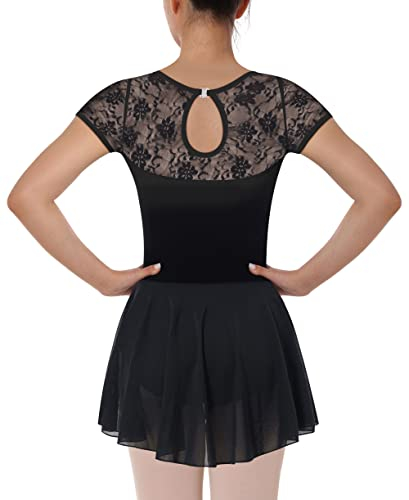 Mulnall Damen Tanz Ballett Trikot mit Rock Erwachsene Spitze Kurzarm Ballettkleidung Ballerina Dancewear(7027-06-M)