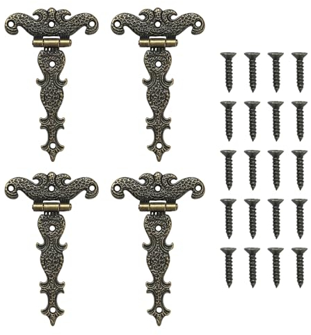 FRUHLING Lot de 4 charnières rétro en T avec vis pour armoires, fenêtres, caisses en bois, portes de grange, portes de hangar