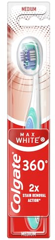 Colgate Max White 360 Cepillo de Dientes Dureza Media, 1 Ud, Blanquea los Dientes, Elimina Manchas, Limpia Zonas de Difícil Acceso, Limpiador de Lengua y Mejillas, Elimina el Mal Aliento