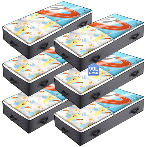 TAVADA 6 Pezzi Contenitore Sottoletto Pieghevole, 90L Scatole per Armadio Salvaspazio, Scatole Sotto Letto Contenitore con Maniglia Rinforzata, Organizzatore Trapunte Coperte Biancheria da Letto