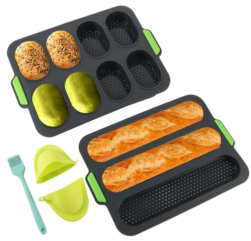 VIDETOL 2 Pièces Moule a Pain en Silicone, Moulle à Baguette 3 Grilles, Mini Baguette Plaque à Pâtisserie 8 Grilles, Moule Pain Antiadhésif pour Muffins, Baguettes, Pain